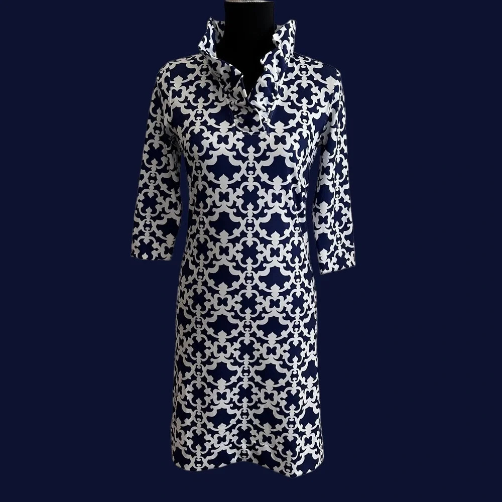 Jean-Pierre Klifa‎ Paris Womens XS Ruffle Neck Jersey Dress Blue Scroll Resort